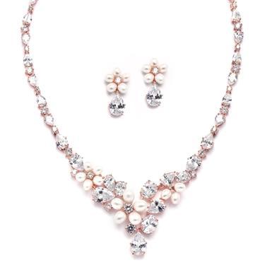 Ravishing Rose Gold Freshwater Pearl & CZ Bridal Necklace and Earrings Set 4430S-I-RG