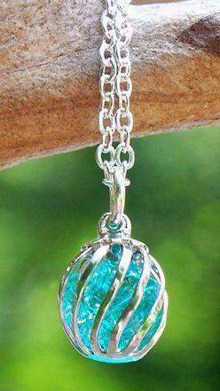 Reclaimed Up-cycled Ice Blue Mason Jar Glass Cage Necklace