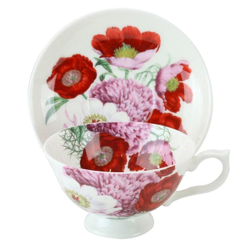 Red Poppy Bone China Teacup and Saucer Set of 4