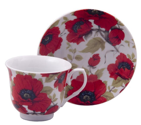 Red Poppy Fine Porcelain Teacups Tea Cups and Saucers - Set of 6