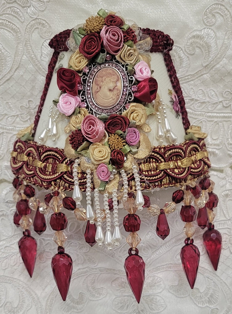 Rich Burgundy and Gold Victorian Cameo Lace and Hand Beaded Fringe Nightlight (night light) - One of a Kind!