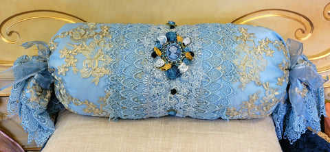 Romantic Victorian Blue Cameo Lace Rose Adorned Bolster Pillow - One of a Kind!