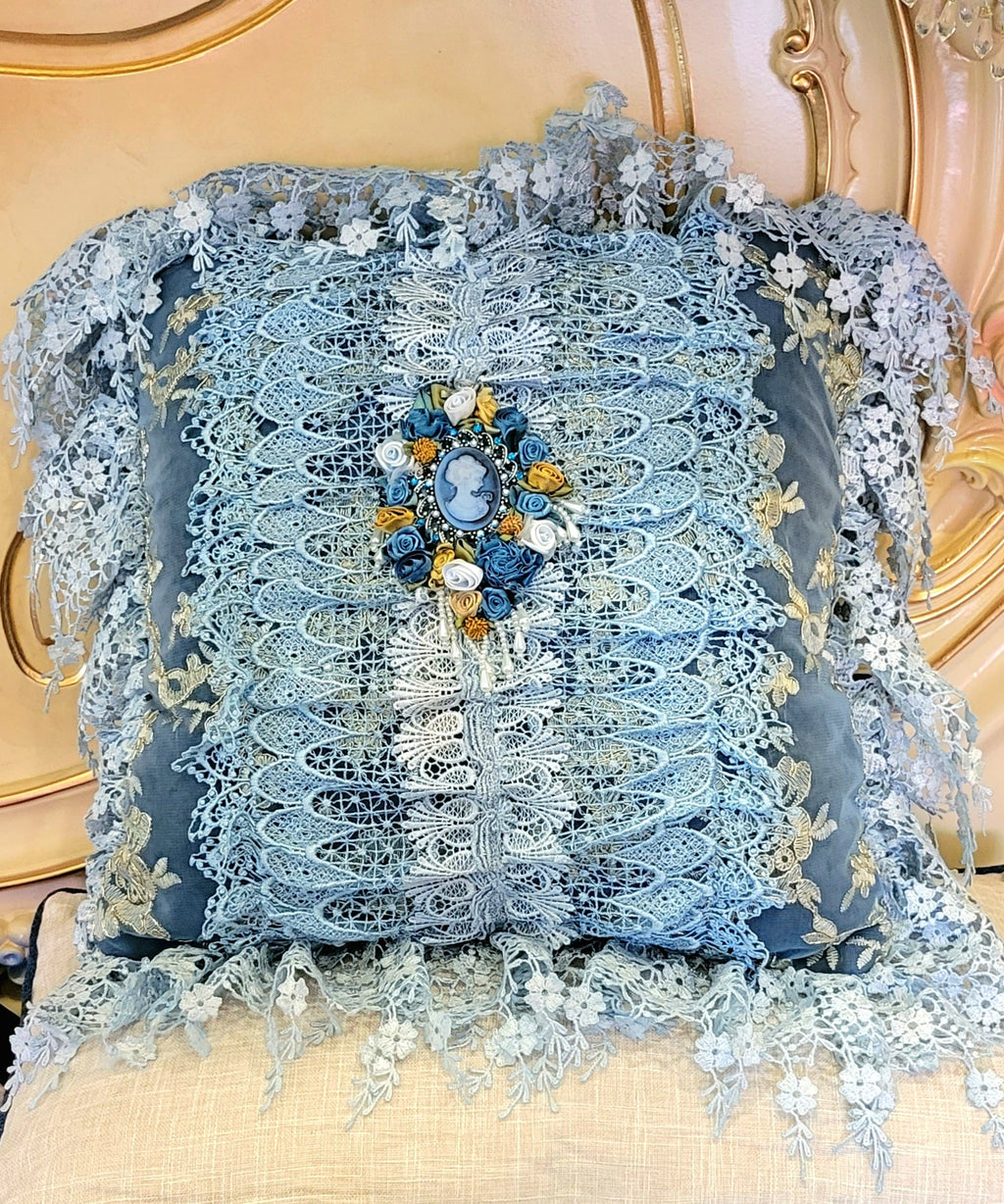 Romantic Victorian Blue Cameo Lace Rose Adorned Square Pillow - One of a Kind!