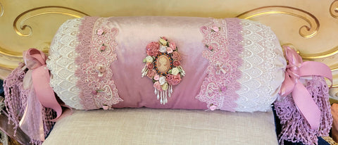 Romantic Victorian Pink Cameo Lace Rose Adorned Bolster Pillow - One of a Kind!