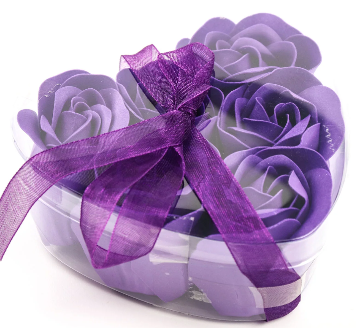 Royal Purple Roses Scented Soaps In Heart Shaped Party Favors With Gift Boxes And Ribbon - Set of 4