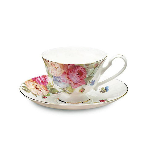 Sandra's Rose Fine Bone China Tea Cup (Teacup) and Saucer Set of 4-Roses And Teacups