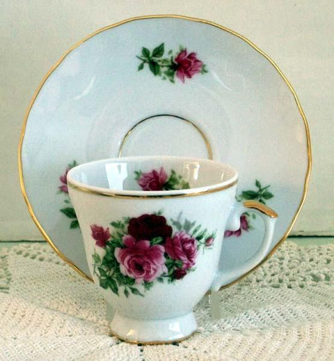 Set of 2 Demitasse Tea Cup and Saucer Summer Rose-Roses And Teacups