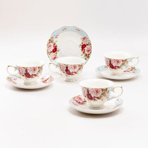 Set of 4 Blue Strawberry Rose Demi Teacups (Tea Cups) and Saucers in Gift Box