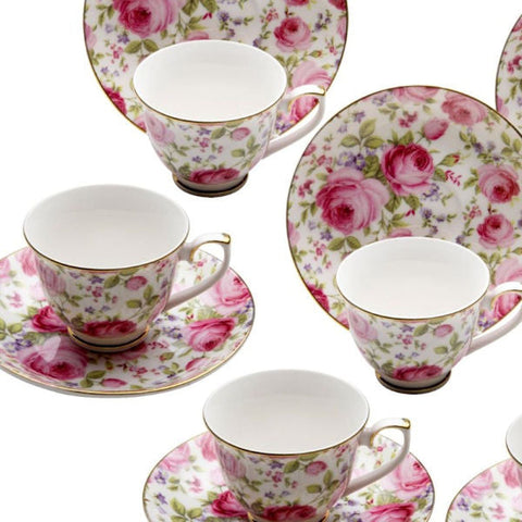 Set of 4 Climbing Rose Vine Demi Teacups (Tea Cups) and Saucers in Gift Box
