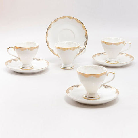Set of 4 Gold Lace Demi Teacups (Tea Cups) and Saucers Espresso Cups in Gift Box