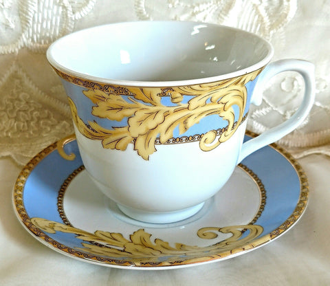 Set of 6 Blue and Gold Flourish Wholesale Tea Cups and Saucers in Gift Box - Limited Stock!