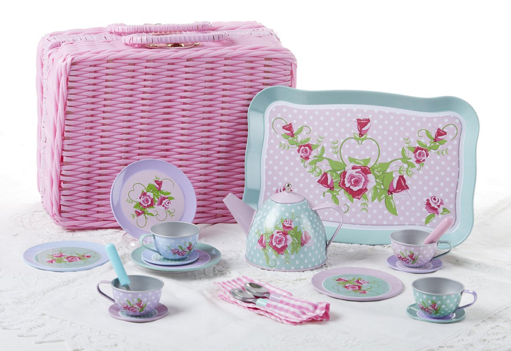 Shabby Chic Childrens Tin Teaset FREE tea! 19pc Tea Set for Little Girls in a Pink Wicker Style Basket