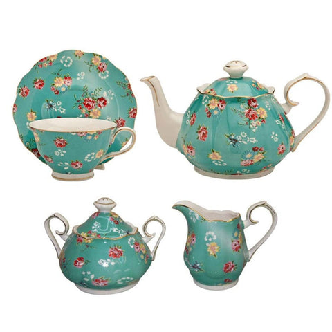 Shabby Rose Turquoise 11 Piece Porcelain Tea Set
