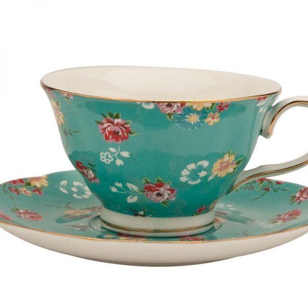 Shabby Rose Turquoise Porcelain Tea Cups and Saucers