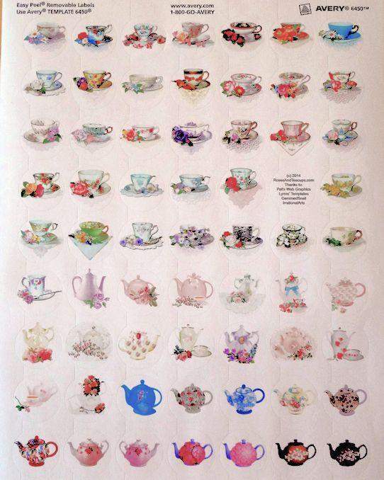 Sheet of 62 1-inch Round Tea Cup and Teapot Stickers