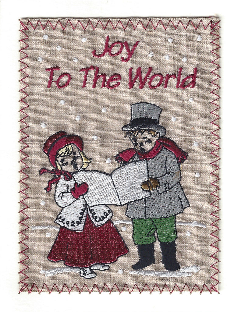 Silent Night Carolers Embroidered Linen Christmas Greeting Card
