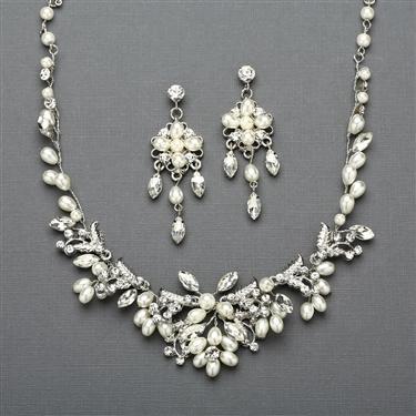 Silver Vine Bridal Necklace and Earrings Set with Freshwater Pearls 4429SC-S-Roses And Teacups