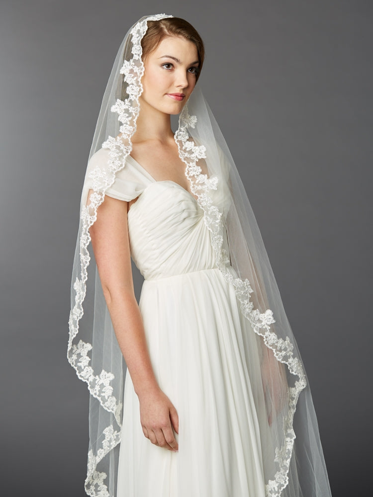 Single Layer Cathedral Mantilla Bridal Veil with Scalloped Lace Edge 4423V-I