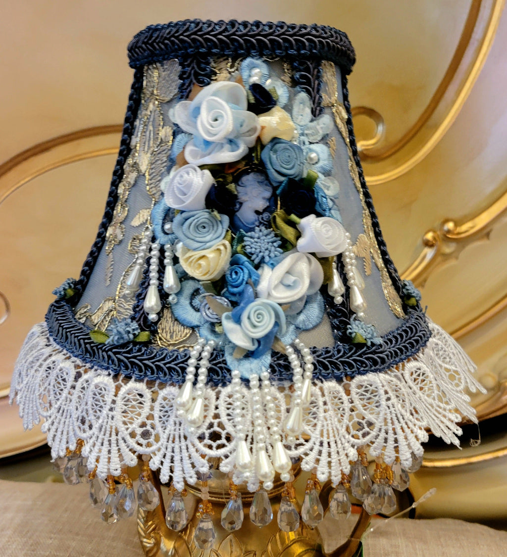 Small Beautiful Blue Victorian Cameo Lampshade - One of a Kind!