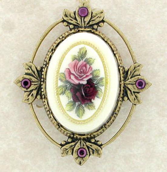 Small Porcelain Roses Cameo Brooch in Gold Leaf Frame