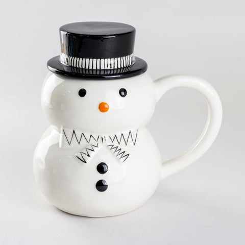 Snowman with Black Top Hat Ceramic Mugs - Set of 2