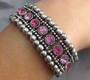 Sparkling Pink Crystal and Silver Bead Stretch Bracelet-Roses And Teacups