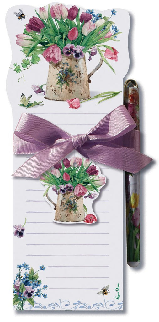 Spring Tulips Pansies and Bumble Bees Magnetic Shopping To Do List Pad with Pen