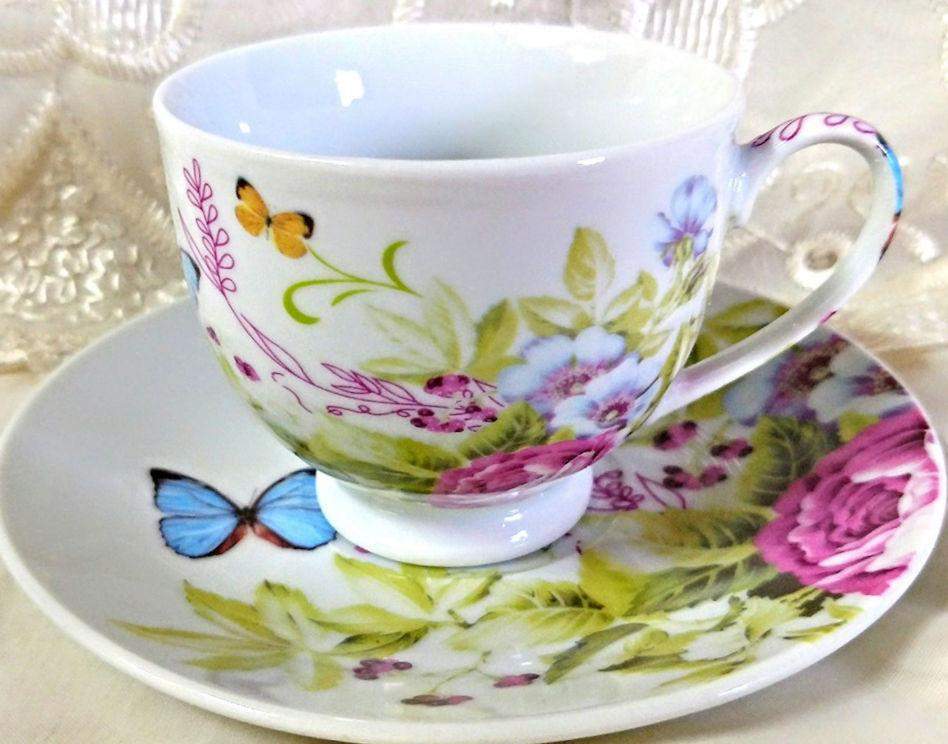 Springtime Butterflies and Roses Porcelain Teacups Case of 24 includes 24 Tea Cups & 24 Saucers