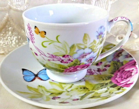 Springtime Butterflies and Roses Porcelain Teacups Set of 6 Tea Cups and 6 Saucers!