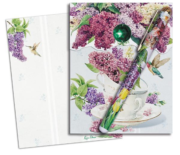 Stacked Teacups with Lilacs and Hummingbirds Pad and Pen Set