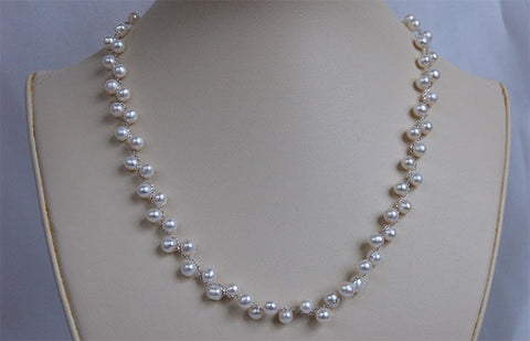 Sterling Silver Chain Braided Cultured White Pearl Necklace