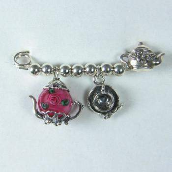 Sterling Silver Tea Time Pin with Teacup and Teapot Charms
