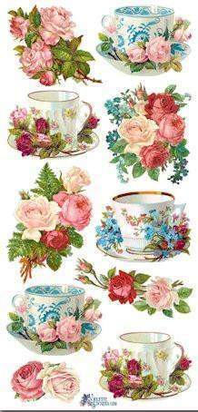 Tea Cups and Roses Victorian Floral 2 Sheets of Stickers