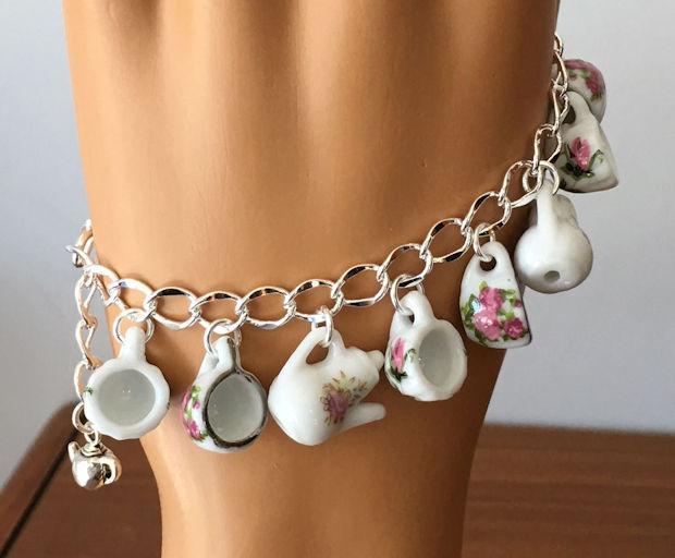 Tea Time Bracelet with Tea Cups and Teapots Silver or Gold