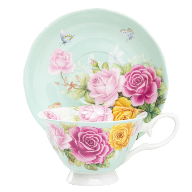 The Most Beautiful Roses on Mint Fine Bone China Teacup and Saucer