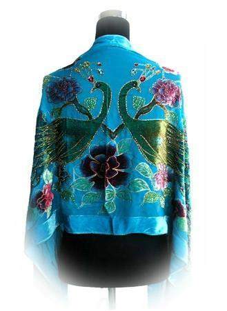 Turquoise Handmade Hand Beaded Silk Velvet Oblong Peacock Shawl