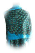Turquoise Handmade Hand Beaded Silk Velvet Oblong Peacock Shawl