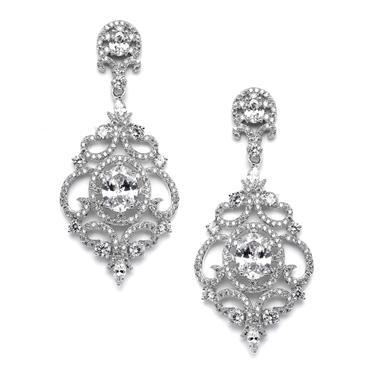 Victorian Scrolls Silver Platinum Plated Cubic Zirconia Wedding Chandelier Earrings 4553E-S-Roses And Teacups