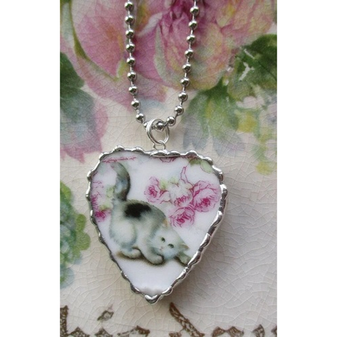 Vintage Broken China Pendant Sweet Heart Kitty Cat with Roses ~ Chain Included