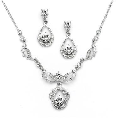 Vintage Crystal Necklace and Earrings Set - Antique Silver Plating 4554S-S-Roses And Teacups