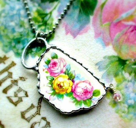 Vintage Roses Broken China Teacup Pendant with Necklace-Roses And Teacups