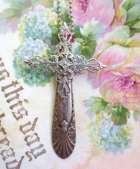 Vintage Silverware Cross with Necklace