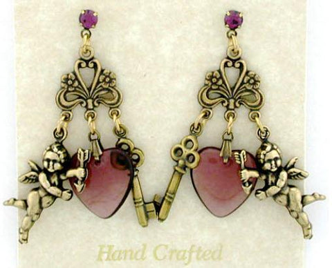 Vintage Victorian Style Cupids & Glass Hearts Earrings-Roses And Teacups