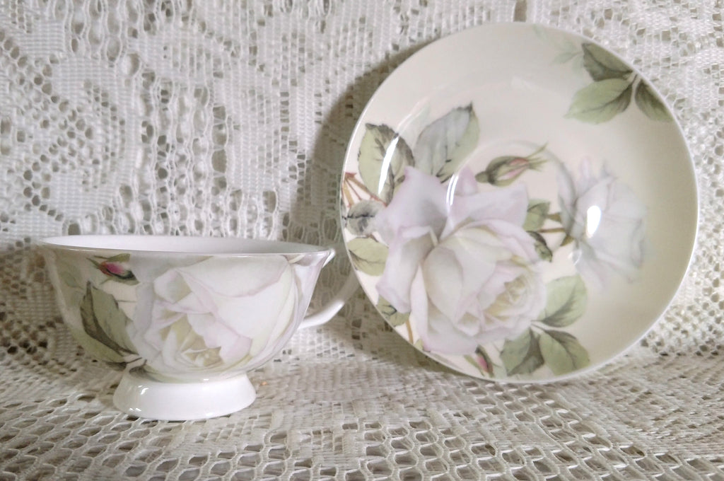 White Iceberg Rose Bone China Tea Cup and Saucer-Roses And Teacups