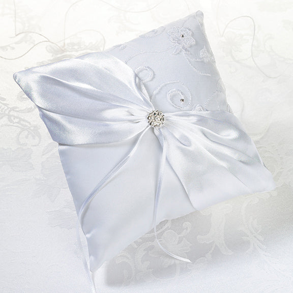 White Lace Vining Embroidered Crystal Flowers Ring Pillow