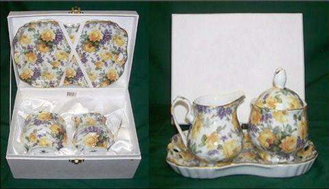 Yellow Roses and Lilacs Chintz Porcelain Creamer Set on Tray Satin Lined Gift Box-Roses And Teacups