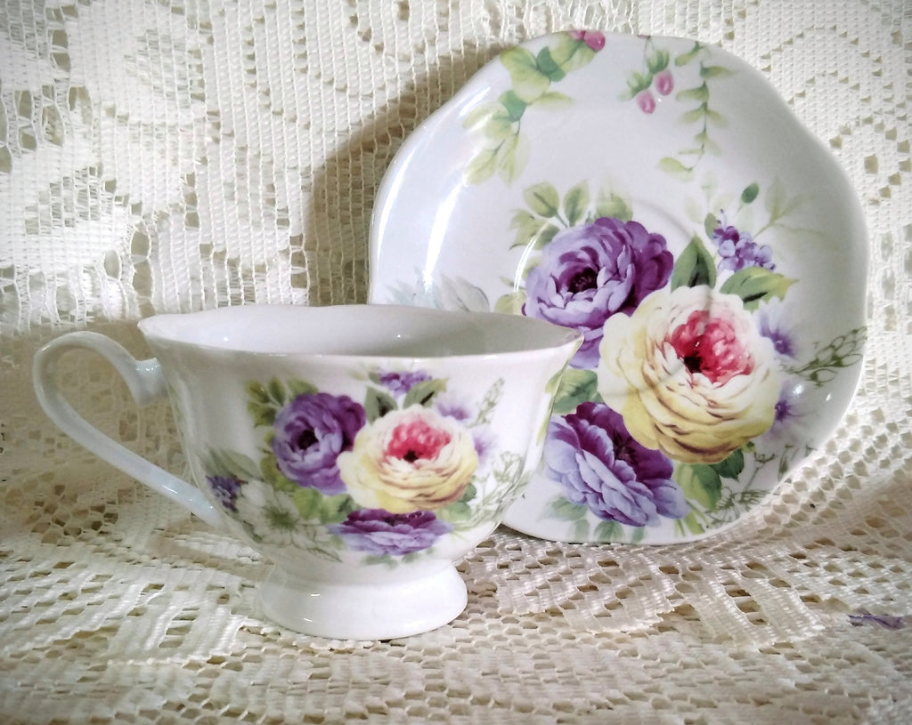 Yellow and Purple Roses Porcelain Teacups and Saucers Set of 6 Tea Cups and 6 Saucers