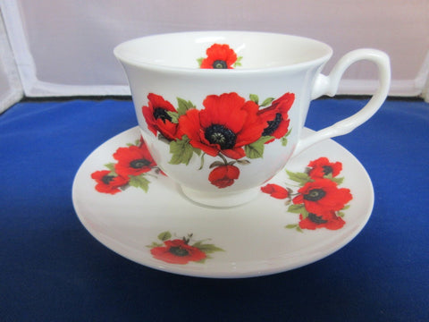 York English Bone China Autumn Poppy Teacups and Saucers Set of 2