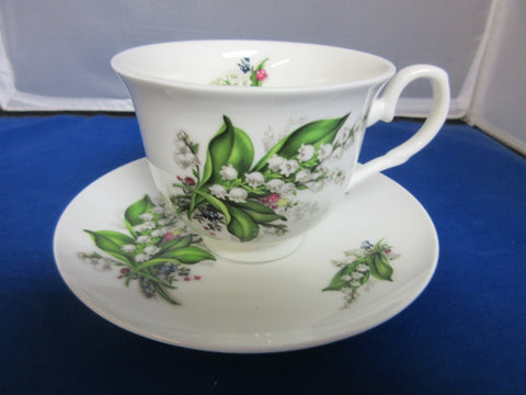 York English Bone China Lily of the Valley Teacups and Saucers Set of 2
