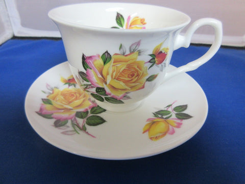 York English Bone China Yellow Peace Rose Teacups and Saucers Set of 2